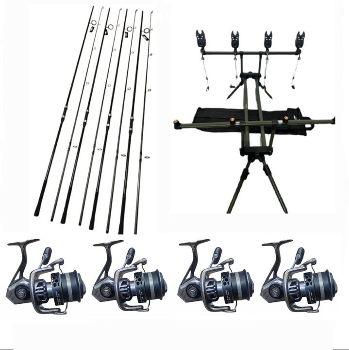 4 Lansete Crap Carbon 3, 90m, 2 Segm, 4 Mulinete Crap Eastshark Line Winder Tambur Long Cast 12.000, 7 Rulmenti, Rod Pod Echipat+ 4 Role fir 0, 30mm x 500 metri