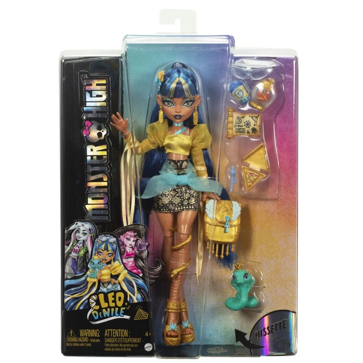 Papusa, Mattel, Monster High Cleo De Nile cu cobra Hissette, corp articulat, multicolor