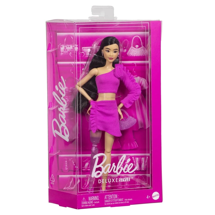 Papusa Barbie Deluxe Style, Mattel, bruneta, picior protetic, roz, 30cm