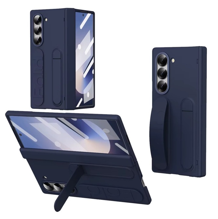Husa pentru Samsung Galaxy Z Fold 7, Suport Rabatabil si Maner, Protectie ecran din sticla, Albastru
