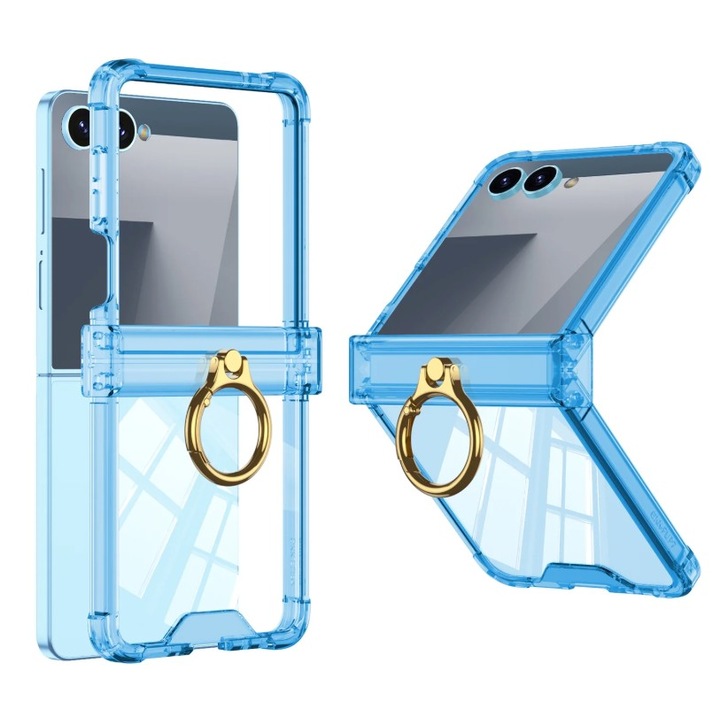 Луксозен калъф с пръстен за Samsung Galaxy Z Flip 7, силиконов, син