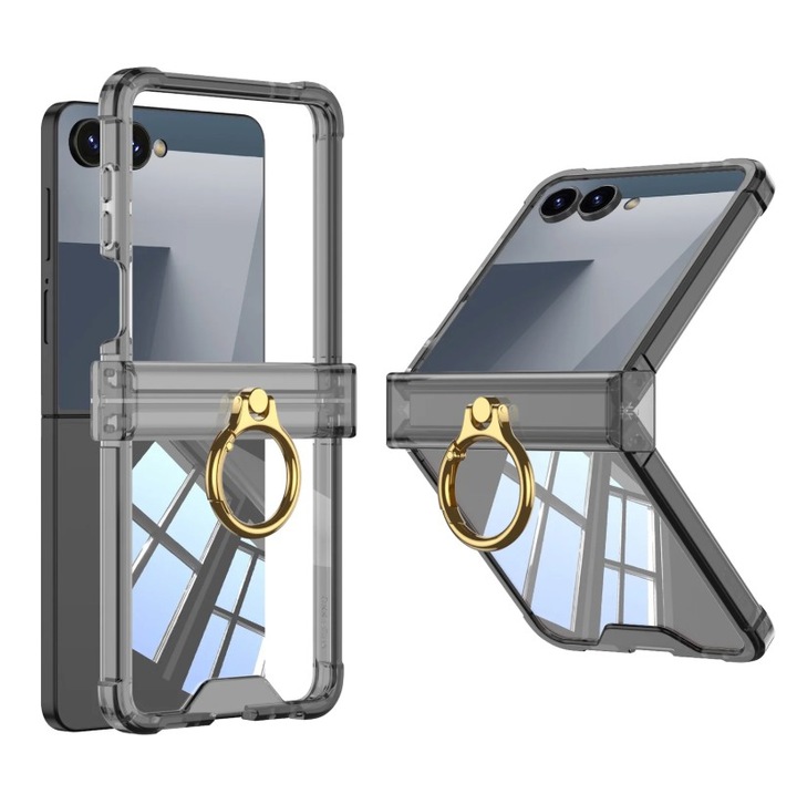 Луксозен калъф с пръстен за Samsung Galaxy Z Flip 7, силиконов, черен