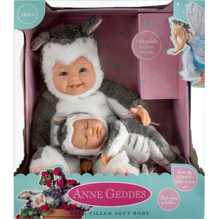 Anne Geddes baba - Cicás nővérek szett 38 cm - fehér/szürke