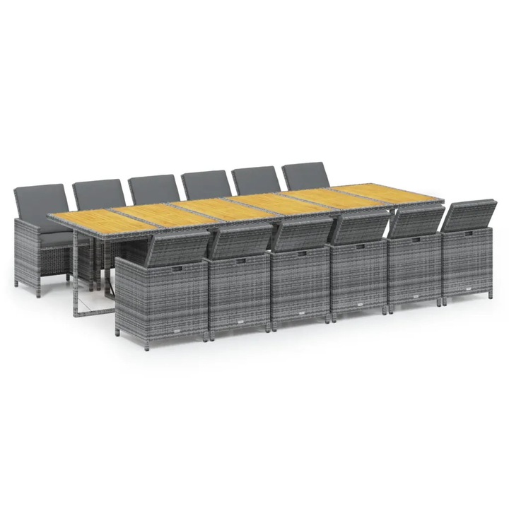 Set mobilier gradina VidaXL, 13 piese, polirattan, gri, cu perne