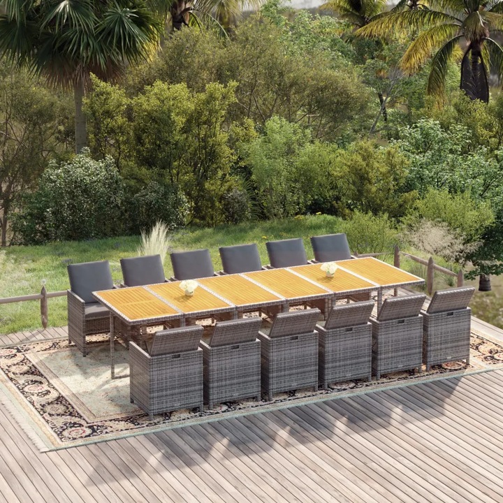 Set mobilier gradina VidaXL, 13 piese, polirattan, gri, cu perne