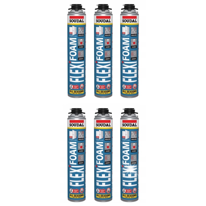 Soudal Flexifoam 750 ml-es szerelő- és tömítőhab, 6 darabos készlet, kék, -40°C és +90°C között hőálló
