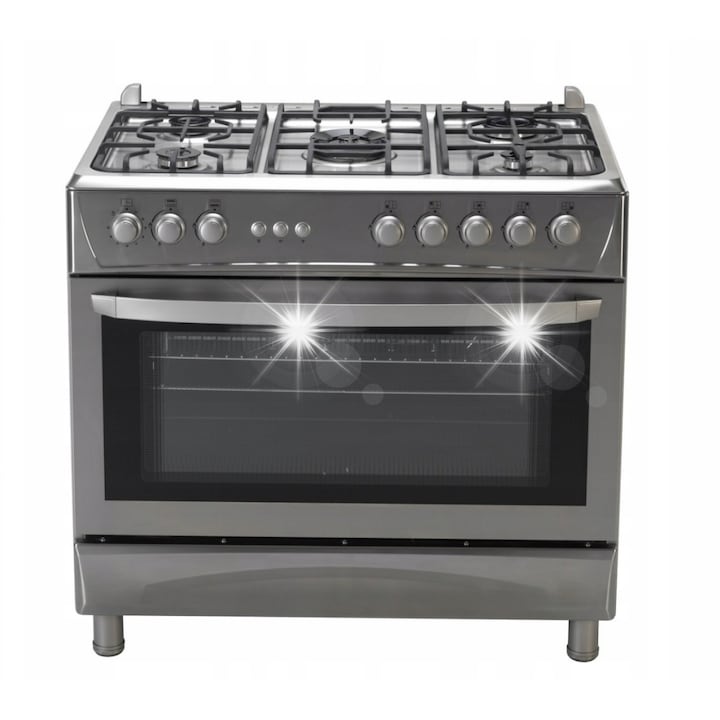 Газово-електрическа печка, RAVANSON KWGE-K90 CHEFF, 5 котлона, фурна 107 л, сребриста, 90x64.7x89 см