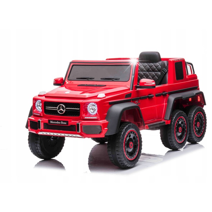 Elektromos autó Mercedes G63 6x6, piros, 4x35W, 12V, zenével és LED lámpákkal, méretek 116x66x54cm
