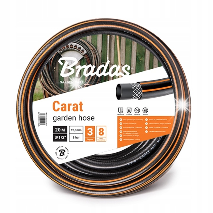 Kerti tömlő Bradas, 3/4", 25 m, 3 rétegű, PVC, fekete, narancssárga csíkokkal