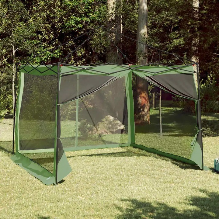 Cort camping VidaXL, 303x303cm, impermeabil, cu elemente si netede, verde