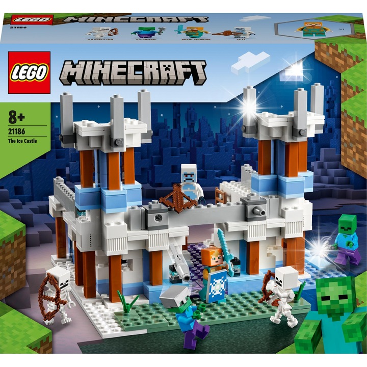 Конструктор LEGO Minecraft Леден замък 21186, 16x23x19см, герои: кралски воин, йети, 2 скелета, 2 зомбита