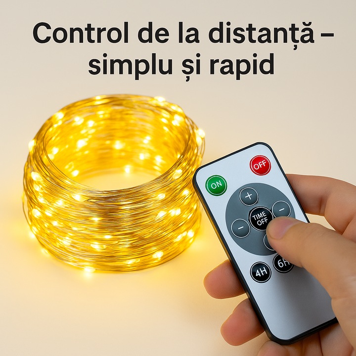 LED fényfüzér rézhuzallal, 5m, 50 meleg fehér LED – USB újratölthető vezérlés + távirányító, 4/6/8 órás időzítő, beltéri/kültéri