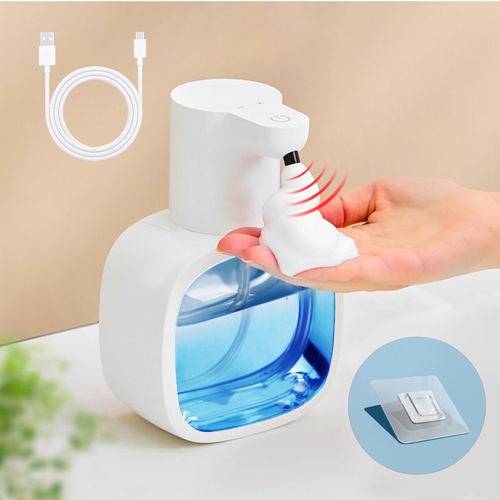 Automata Szappanadagoló, DONFANLIA®, Érintésmentes Érzékelő, Hab, 4 Adagolási Szint, 500ml, 500mAh, Környezetbarát ABS, IPX5, Vízálló és Tartós, Fehér