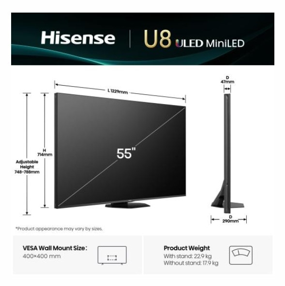 Televizor Smart 55" Hisense 55U8Q 4K Ultra HD, Negru, 165 Hz, Include Subwoofer