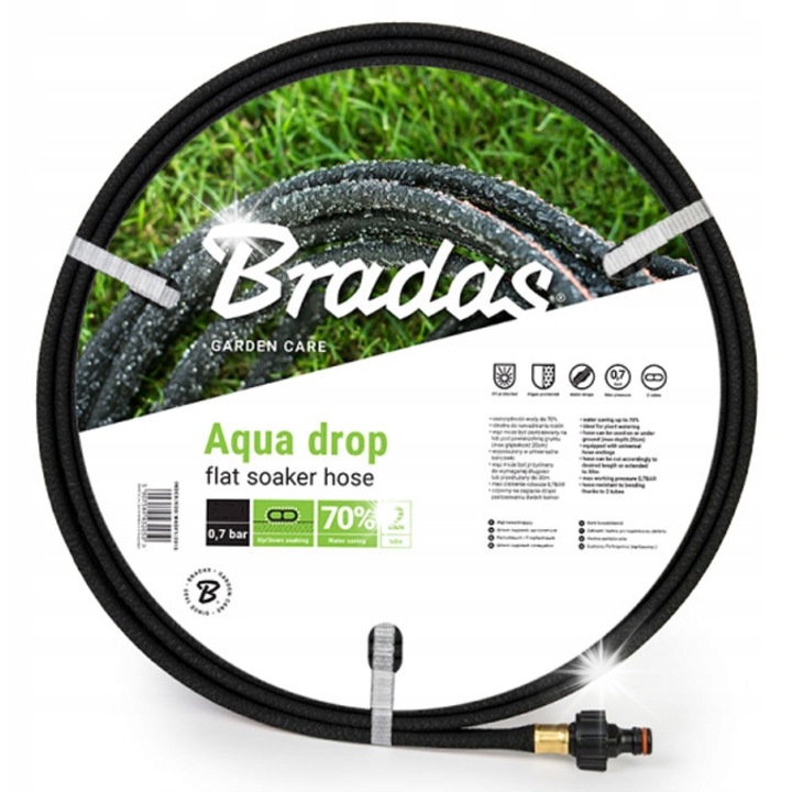 Маркуч за напояване Bradas AQUA-DROP FLAT 1/2", 15 м, еластичен, устойчив на атмосферни влияния