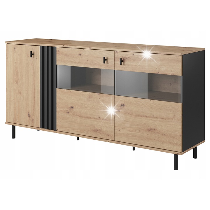 Laski Meble MADIS fiókos szekrény, 2 ajtós, 3 fiókos, Dab Artisan + Antracit, 165x40x82 cm