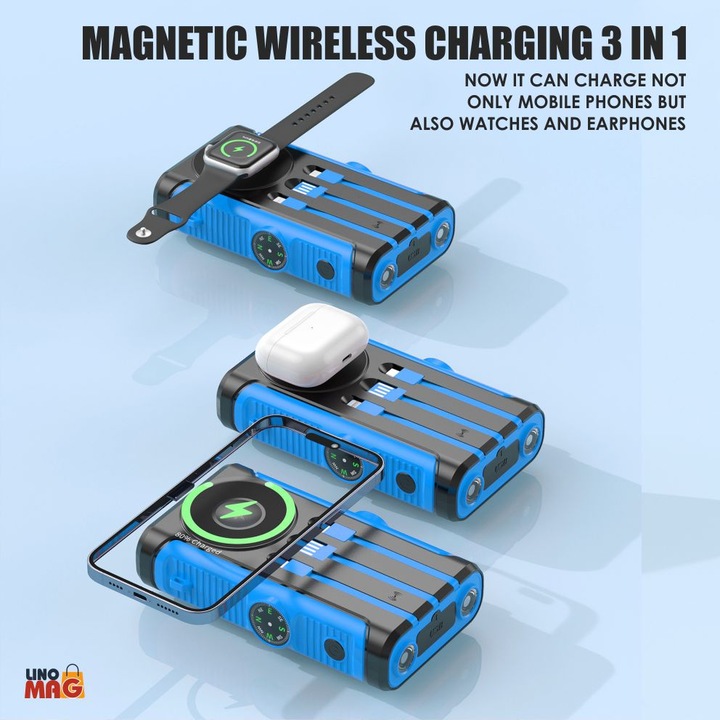 Соларна външна батерия Linomag®, Power Bank 20000 mAh, 3 кабела, 4 порта, Магнитно безжично зареждане, Вградена компас и фенер, Водоустойчива, Синя