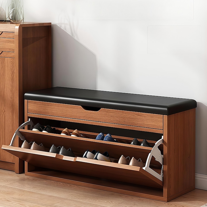 Bancuta pantofar cu banca, Wacorresi®, Banca depozitare incaltaminte, Bancuta pantofar, capitonata, 4 compartimente, Blat gros de banc, depozitare pereti despartitori, placi de calitate, suport portant stabil, economie de spatiu, 60X30X51cm, maro inchis