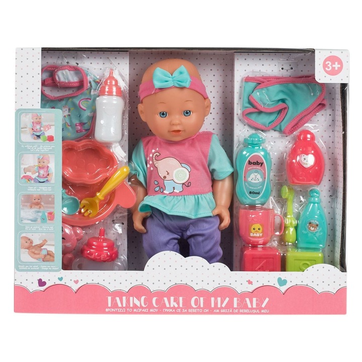 Papusa bebelus cu accesorii de hranire, 32cm, 40.5x10x33cm