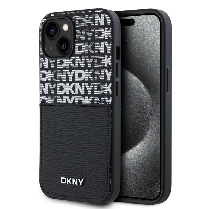 DKNY PU Leather Repeat Pattern kártyatartós tok iPhone 15 készülékhez fekete