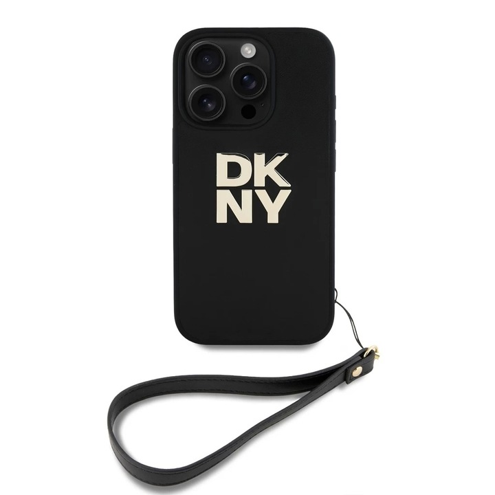 DKNY PU кожен калъф с каишка Stack Logo за iPhone 16 Pro Max черен