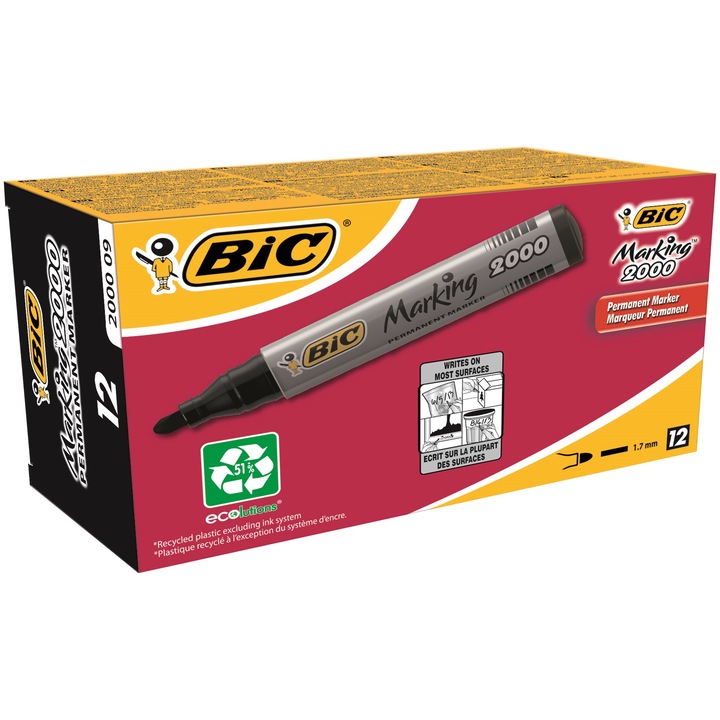 Маркер BIC ECOlutions 2000, Перманентен, Черен, 12 бр
