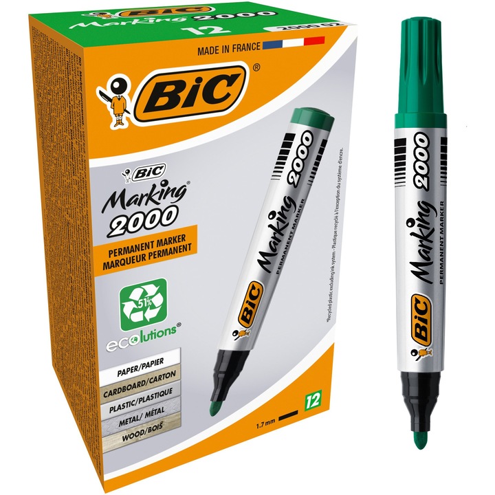 Маркер Bic permanent 2000, Зелен, 12 бр/кутия