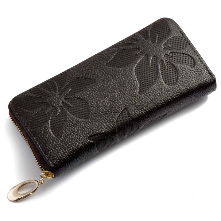 Portofel dama, GOGOU®, Piele PU, ornamente florale embosate, 19x10x2.5cm, pentru telefon, bancnote, carduri, monede, Negru
