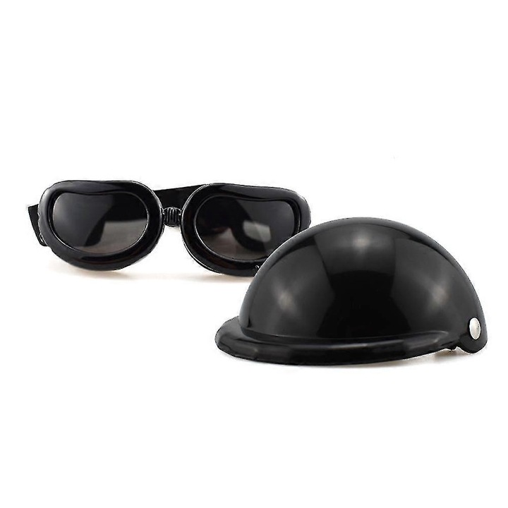 Set casca si ochelari de protectie pentru caini, ajustabil, protectie UV, negru, S