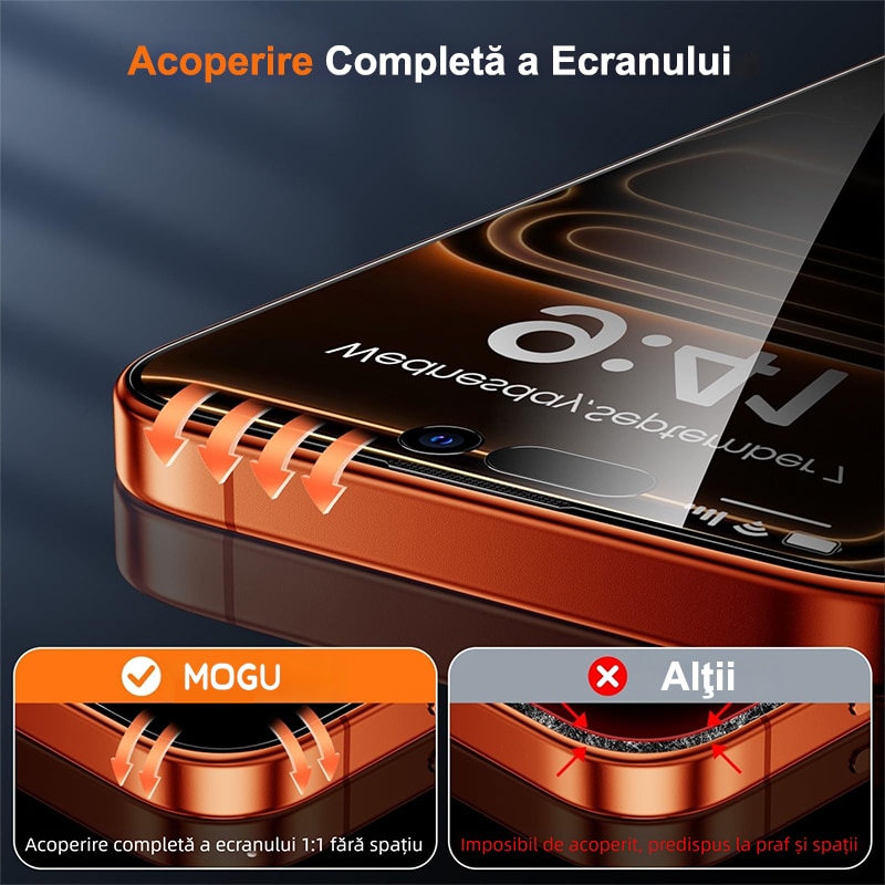 Folie sticla protectie telefon, MOGU® Folie Sticla pentru iPhone 17 Pro Max, Protectie Profesionala Ecran 3D, Echipat cu dispozitiv de instalare automata, Duritate Militara, Instalare Usoara, Full Cover Protectie a Telefonului, Anti Socuri, Privacy