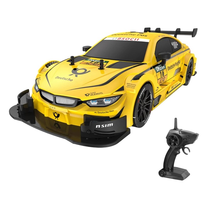 Masina RC Drift 1:16 cu 4WD – Viteza 40KM/H, Control Real, Anvelope Inter-Schimbabile Drift & Curse, Motor Electric Puternic, Autonomie 15+ min, Sistem 2,4GHz, Faruri Functionale, Galben