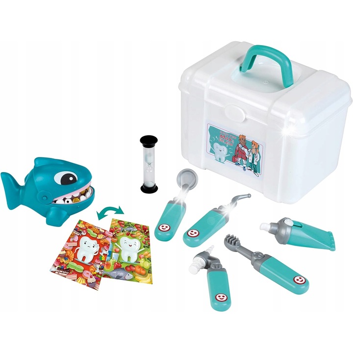 Комплект за игра „Доктор“, Klein, 21x14,5x18 см, с акула и аксесоари за зъболекарски принадлежности
