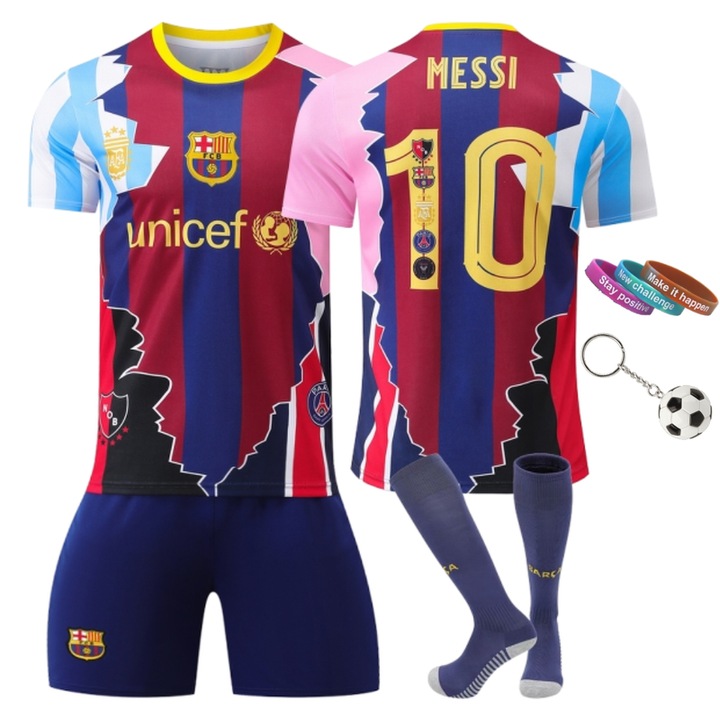 Echipament sportiv copii, Messi Nr.10 editie comemorativa, MzcrJosv®, Sezonul 2025/2026, Breloc, 3 bratari, cu Sort si Sosete, Poliester, Baiat/Fata, pentru copii 4-14 ani, Multicolor, Multicolor