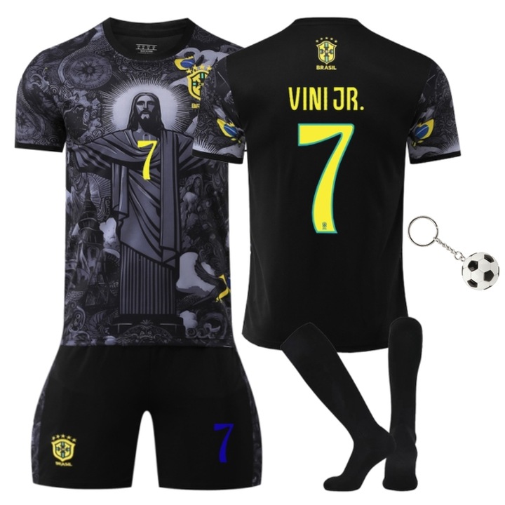 Echipament sportiv copii, Spain Vinicius Nr. 7 editie speciala, MzcrJosv®, Sezonul 2025/2026, Breloc, Sosete incluse, Poliester, Baiat/Fata, pentru copii 4-14 ani, Negru, Negru