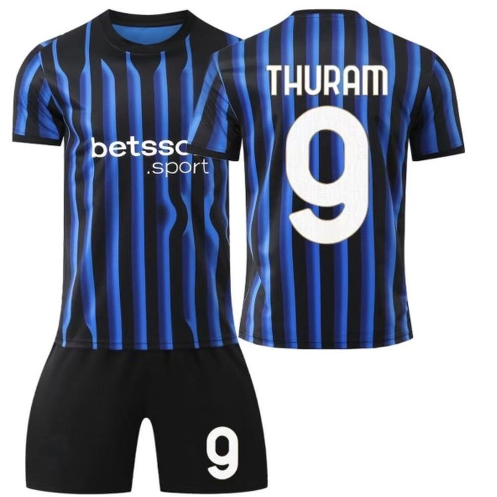 Echipament sportiv copii, Inter Milano acasa Thuram Nr. 9, MzcrJosv®, Sezonul 2025/2026, Poliester, Baiat/Fata, pentru copii 4-14 ani, Albastru/Negru, Albastru