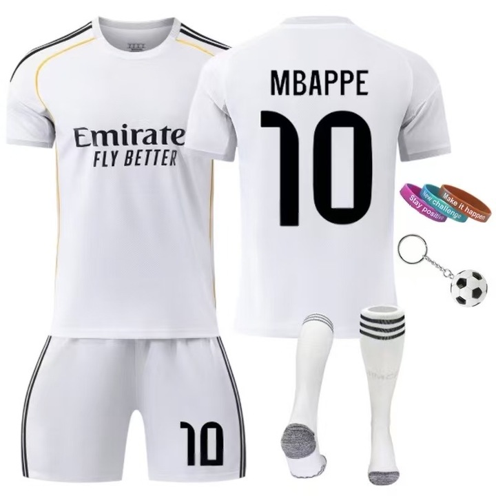 Echipament sportiv copii Real Madrid Mbappe Nr.10 Fotbal Tricou Set, MzcrJosv®, Sezonul 2025/2026, Breloc, 3 bratari, cu Sort si Sosete, Poliester, Unisex, pentru copii 4-14, Alb, Alb