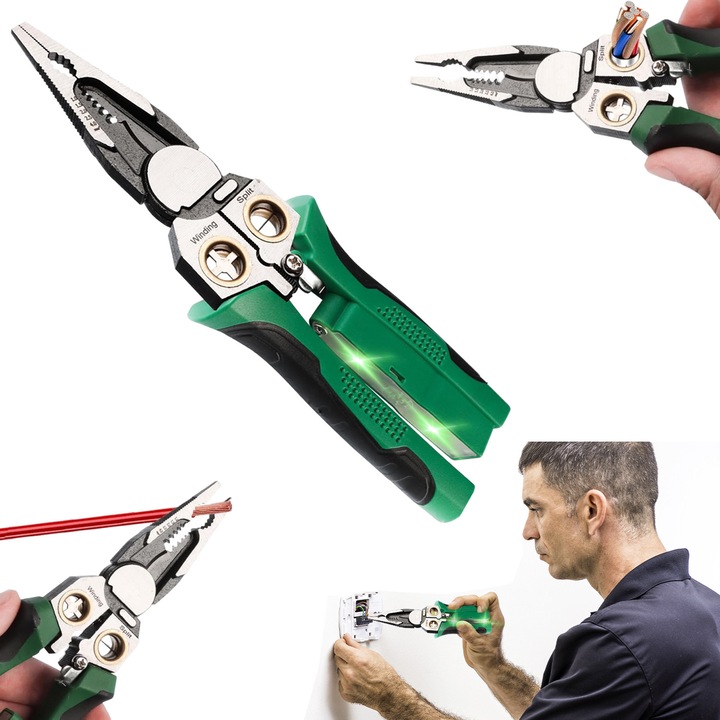 Cleste multifunctional 8 in 1, Suness, Dezizolatoare si rasucitoare de sarma, Capabil sa masoare curentul, fabricat din materiale de inalta calitate, Manere Ergonomice Anti-Alunecare, potrivit pentru diferite diametre, fire si taiere eficienta, verde