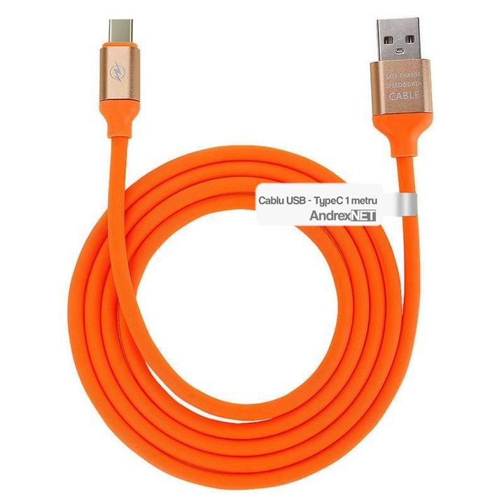 Cablu de date și încărcare USB TypeC 3A, AndrexNET, 1 metru, portocaliu neon
