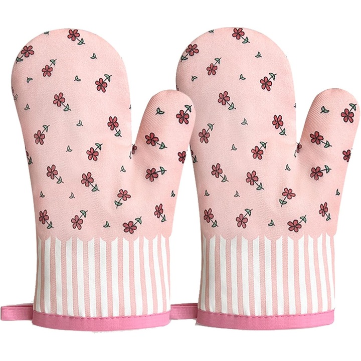Sütőkesztyű, rózsaszín virágokkal, hőálló, 27x16cm