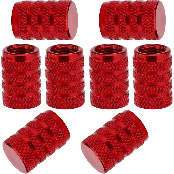 Set 8 Capace Ventil pentru Anvelope, Aluminiu cu Inel de Cauciuc, Rosu, 17mm x 1.1cm
