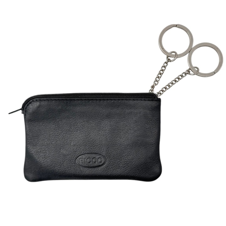 Breloc din piele naturala, negru, 11.5x7.5cm, cu doua inele pentru chei