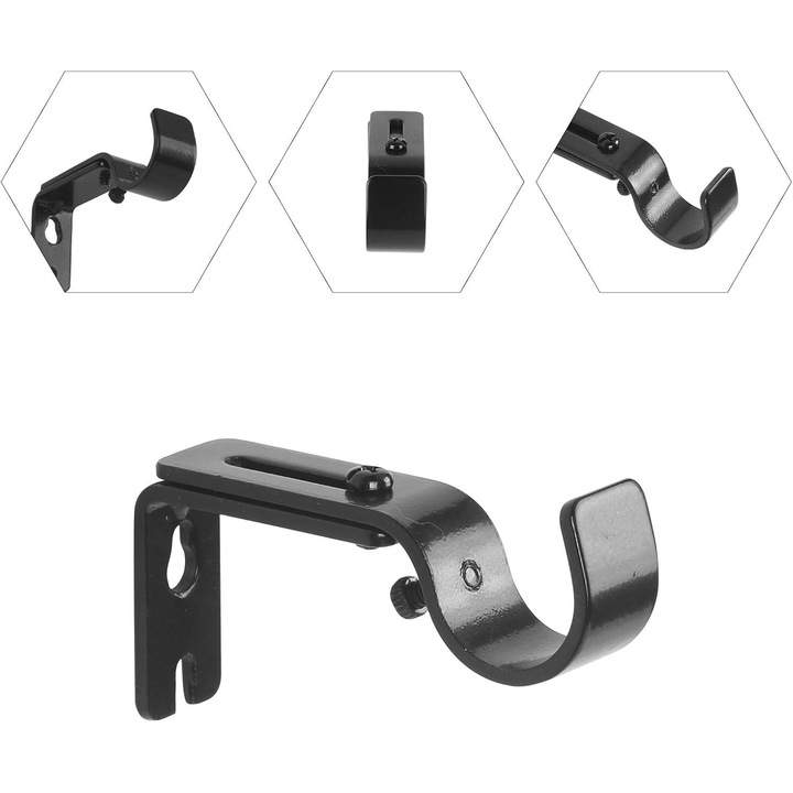 Set 2 suporturi pentru perdele ajustabile din otel inoxidabil, metal negru, 25.4mm