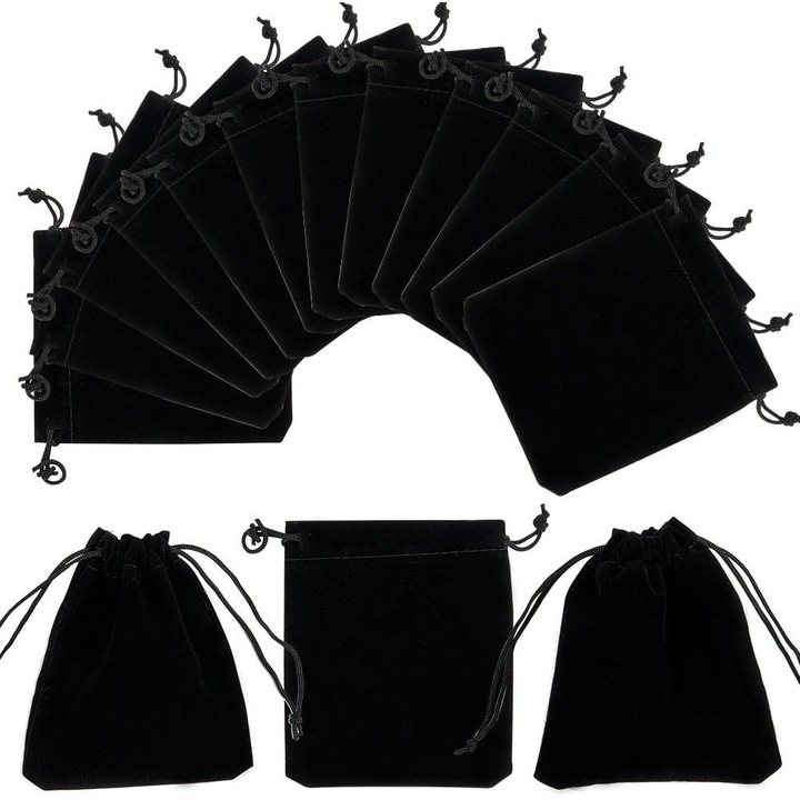 Set 50 pungi din catifea neagra, 12x10cm, pentru bijuterii si cadouri