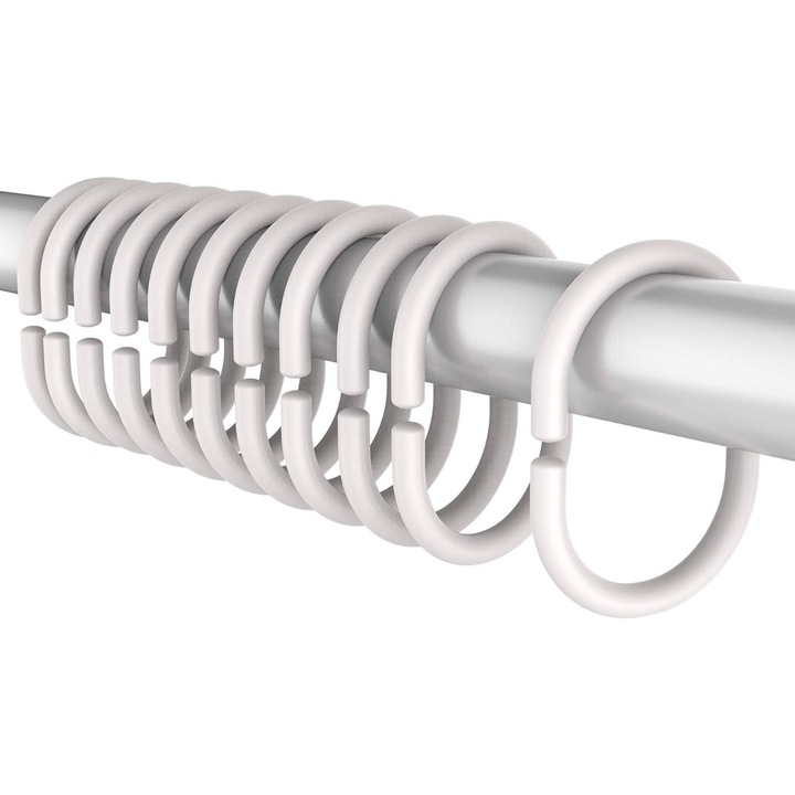 Set 24 carlige pentru perdea de dus, C-shaped, din silicon, alb, 1.7"x1.19"x1.56"