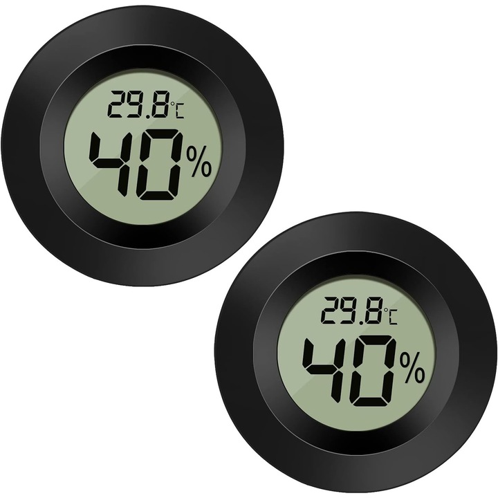 Set 2 termometre digitale LCD, masurare temperatura -50 la 70C, umiditate 10%-99% RH, design rotund, negru