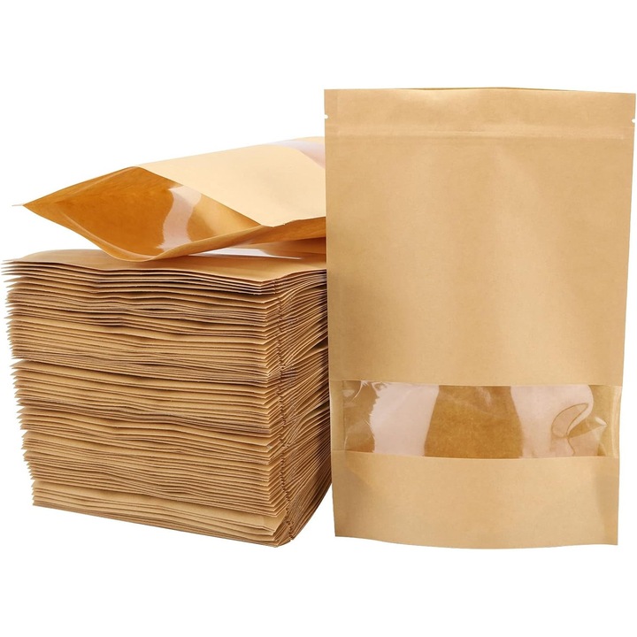 Set 100 pungi din hartie kraft cu fermoar, autoportante, fereastra transparenta, 18x26+4cm, 14mil grosime