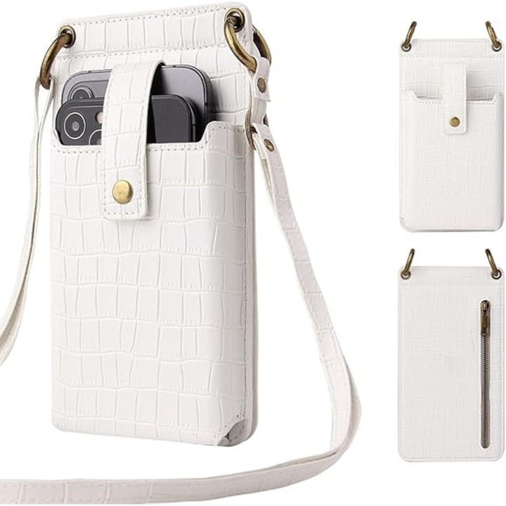 Telefontartó crossbody táska, krokodil mintás, fehér, méretei 19x10x2.5cm, állítható pánttal, 6 kártyanyílással, beépített tükörrel