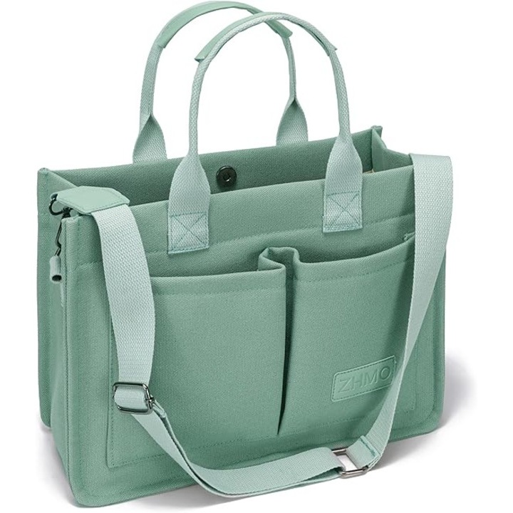 Nagy vászontáska zsebekkel, négyzet alakú kialakítás, nagy kapacitás, zöld szín, állítható vállpánt