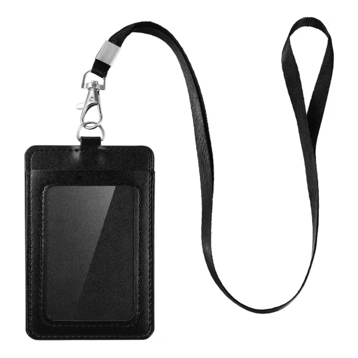 Portofel elegant pentru carduri de identificare si nume, negru, 7.4x11cm, 2 compartimente, curea 44cm