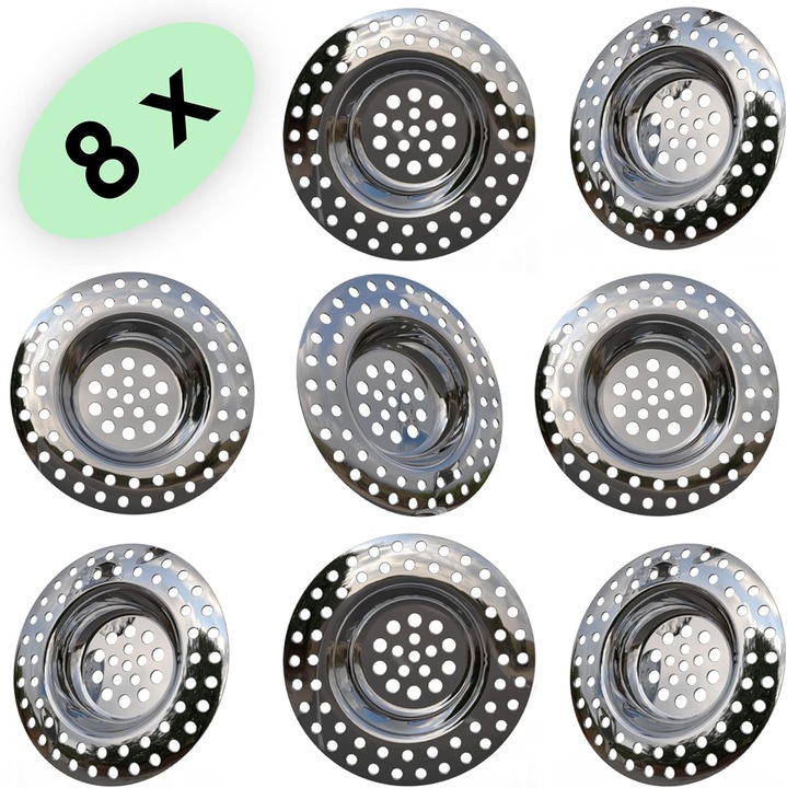 Filtru de chiuveta, set de 8, otel inoxidabil, 14g, design cu multe gauri